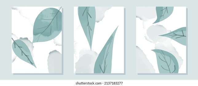 Watercolor background with abstract botanic figures. Abstract artistic wallpaper for wall art. Three background options, with space for text. Abstract watercolor background, vector