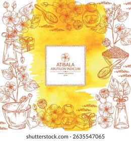 Watercolor background with abutilon indicum: abutilon indicum plant, leaves and atibala flowers. Atibala. Oil, soap and bath salt . Cosmetics and medical plant. Vector