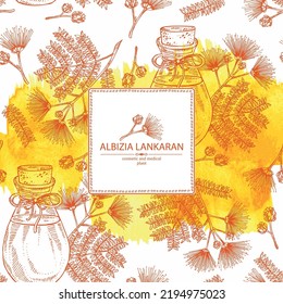 Watercolor background with albizia lankaran: plant, leaves, albizia lankaran flowers and bottle of albizia lankaran essential oil. Albizia julibrissin. Cosmetic, perfumery and medical plant. Vector