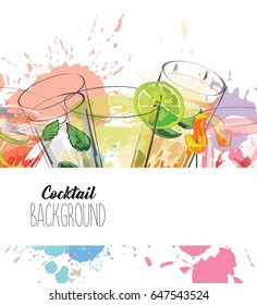 Watercolor background with alcohol drinks. Template design for menu, bar. 