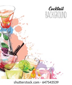 Watercolor Background With Alcohol Drinks. Template Design For Menu, Bar. 