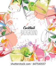 Watercolor background with alcohol drinks. Template design for menu, bar. 