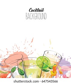 Watercolor background with alcohol drinks. Template design for menu, bar. 