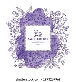 Watercolor background with amur cork tree: amur cork berries, plant and amur cork tree bark. Phellodendron amurense. Cosmetic and medical plant. Vector hand drawn illustration svg
