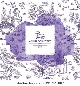 Watercolor background with  amur cork tree: amur cork berries, plant and amur cork tree bark. Phellodendron amurense. Oil, soap and bath salt . Cosmetics and medical plant. Vector hand drawn illustrat svg