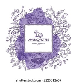 Watercolor background with  amur cork tree: amur cork berries, plant and amur cork tree bark. Phellodendron amurense. Oil, soap and bath salt . Cosmetics and medical plant. Vector hand drawn illustrat svg