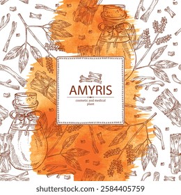 Watercolor background with amyris: amyris plant, leaves, amyris wood and bottle of amyris essential oil. Cosmetic, perfumery, plant. Vector hand drawn