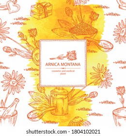Watercolor background with arnica montana, arnica flower and leaves, soap and bath salt . Cosmetic and medical plant. Vector hand drawn illustration. 