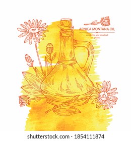 Watercolor background with arnica montana flower and bottle of arnica oil. Vector hand drawn illustration