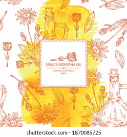 Watercolor Background With Arnica Montana Flower And Bottle Of Arnica Oil. Vector Hand Drawn Illustration