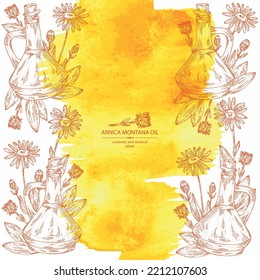 Watercolor background with arnica montana flower and bottle of arnica oil. Vector hand drawn illustration