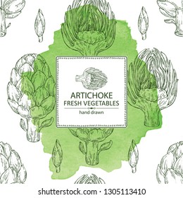 Watercolor background with artichoke. Vector hand drawn illustration