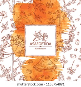 Watercolor background with asafoetida: plant, asafoetida powder flowers and asafoetida leaves. Asfedida. Vector hand drawn illustration.