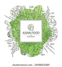 Watercolor background with asian food: shiitake, wakame seaweed, bok choy, bamboo shoots. Asian cuisine. Vector hand drawn illustration.