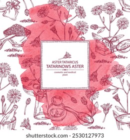 Watercolor background with aster tataricus: aster tataricus plant, leaves aster tataricus flowers. Tatarinow's aster. Oil, soap and bath salt . Cosmetics and med