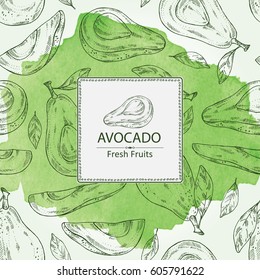 Watercolor background avocado and avocado slice. hand drawn.