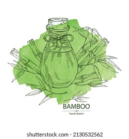 Watercolor background with bamboo: bamboo stalk, bamboo leaves and bottle of bamboo essential oil. Cosmetic, perfumery and medical plant. Vector hand drawn illustrati