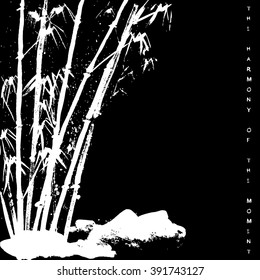 Watercolor background with bamboo and stones. Black background. Stock vector.