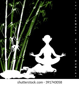 Watercolor background with bamboo and stones and a man silhouette sitting in lotus position. Black background. Stock vector.