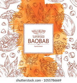 Watercolor background with baobab: baobab fruit, seeds, tree and leaves. Super food. Vector hand drawn illustration