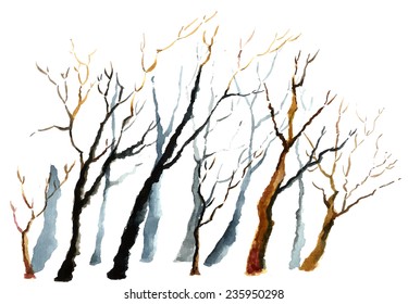 Watercolor background. Bare winter branches of the trees.