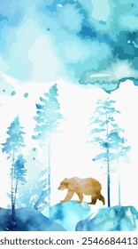 Fondo de acuarela. Oso en el bosque de invierno. dibujo a mano. IA no, Ilustración vectorial.