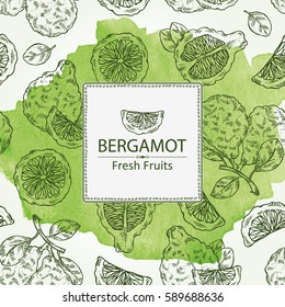 Watercolor background with bergamotand bergamot slice. hand drawn.