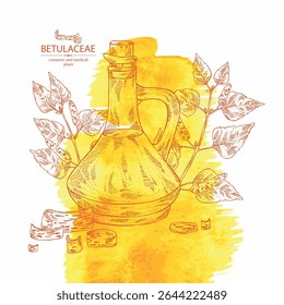 Fundo aquarela com betulaceae: folhas de bétula, ramo de bétula, árvore de betulaceae, casca de betulaceae e frasco de óleo de betulaceae. Ilustração desenhada à mão vetorial.