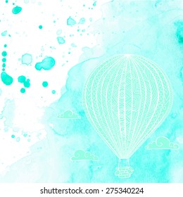 watercolor background with big balloon in the sky