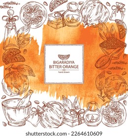 Watercolor background with bitter orange: bigaradia  fruit, leaves and bitter orange slice. Citrus aurantium. Oil, soap and bath salt . Cosmetics and medical plant. Vector hand drawn illustration