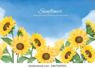 Watercolor background of blue sky with sunflowers and clouds in summer