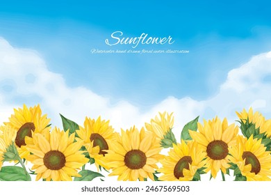 Watercolor background of blue sky with sunflowers and clouds in summer