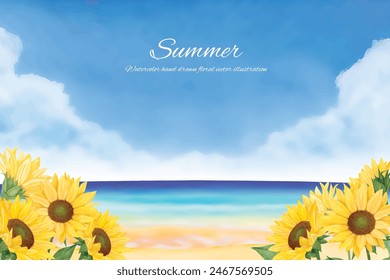 Watercolor background of blue sky with sunflowers and clouds in summer