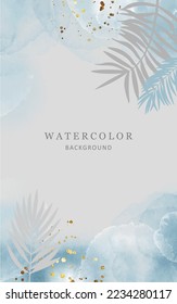 Watercolor background in blue tones with palm leaves
