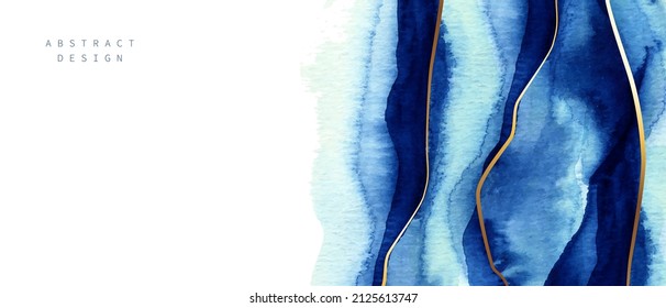 Watercolor  background. Blue, turquoise watercolor fluid painting vector design. Dusty pastel, neutral and golden marble. Abstract sea, montains, landscape art with golden lines.