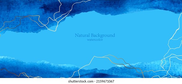 Watercolor  background. Blue, turquoise watercolor fluid painting vector design. Dusty pastel, neutral and golden marble. Abstract sea, montains, landscape art with golden lines.