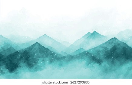watercolor background blue turquoise green landscape with mountains	
