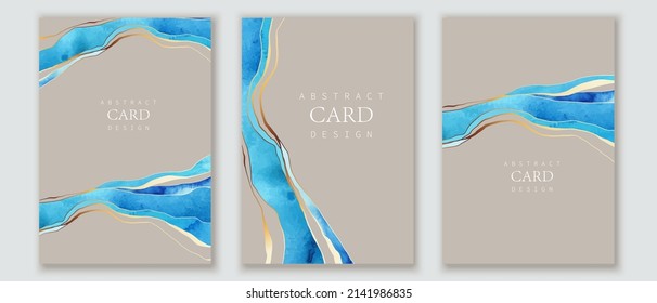 Fondo acuático con olas azules, líneas doradas. Cielo, nubes, agua, mar abstracto. Conjunto de negocios, tarjetas de regalo, portadas.