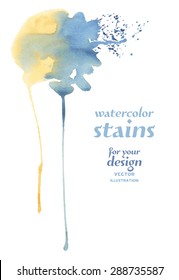 Watercolor background. Blue and Yellow Watercolor Spots. Creative Abstract Aquarelle art handmade paint on white Background. Color Drops, blots and Spray for your design. Vector illustration.