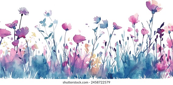 watercolor background border flowers in the grass	
