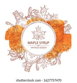 Watercolor background with a bottle of maple syrup and maple leaves. Vector hand drawn illustration.