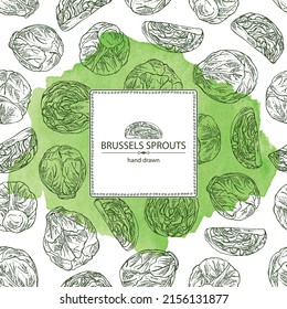 Watercolor background with brussels sprouts: head of cabbage, full brussels sprouts and brussels sprouts piece. Vector hand drawn illustration. 