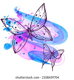 Watercolor background with a butterflies painted by hand on a white background. An isolated object. Splashes of watercolor paints. Pastel shades of pink and blue. Vector illustration. 