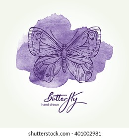 Watercolor background with butterfly. hand drawn