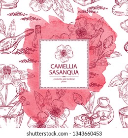 Watercolor background with camellia sasanqua flowers: camellia flowers, soap and bath salt . Cosmetic and medical plant. Vector hand drawn illustration