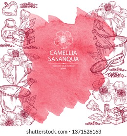 Watercolor background with camellia sasanqua flowers: camellia flowers, soap and bath salt . Cosmetic and medical plant. Vector hand drawn illustration
