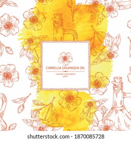 Watercolor background with camellia sasanqua flowers and bottle of camellia oil. Vector hand drawn illustration