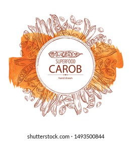 Watercolor background with carob: branch, carob pods and fruits. Super food. Vector hand drawn illustration