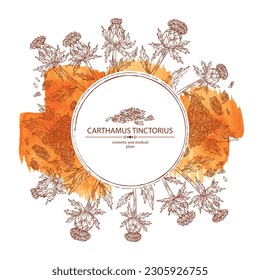 Watercolor background with carthamus tinctorius: carthamus tinctorius plant, leaves and  carthamus tinctorius flowers. wild saffron. Cosmetic, perfumery and medical plant. Vector drawn illustration