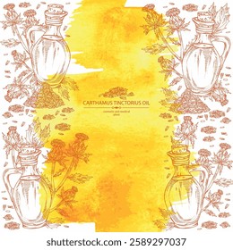 Watercolor background with carthamus tinctorius: carthamus tinctorius plant, leaves, carthamus tinctorius flowers and bottle of carthamus tinctorius oil. Wild saffron. Vector hand drawn illustration